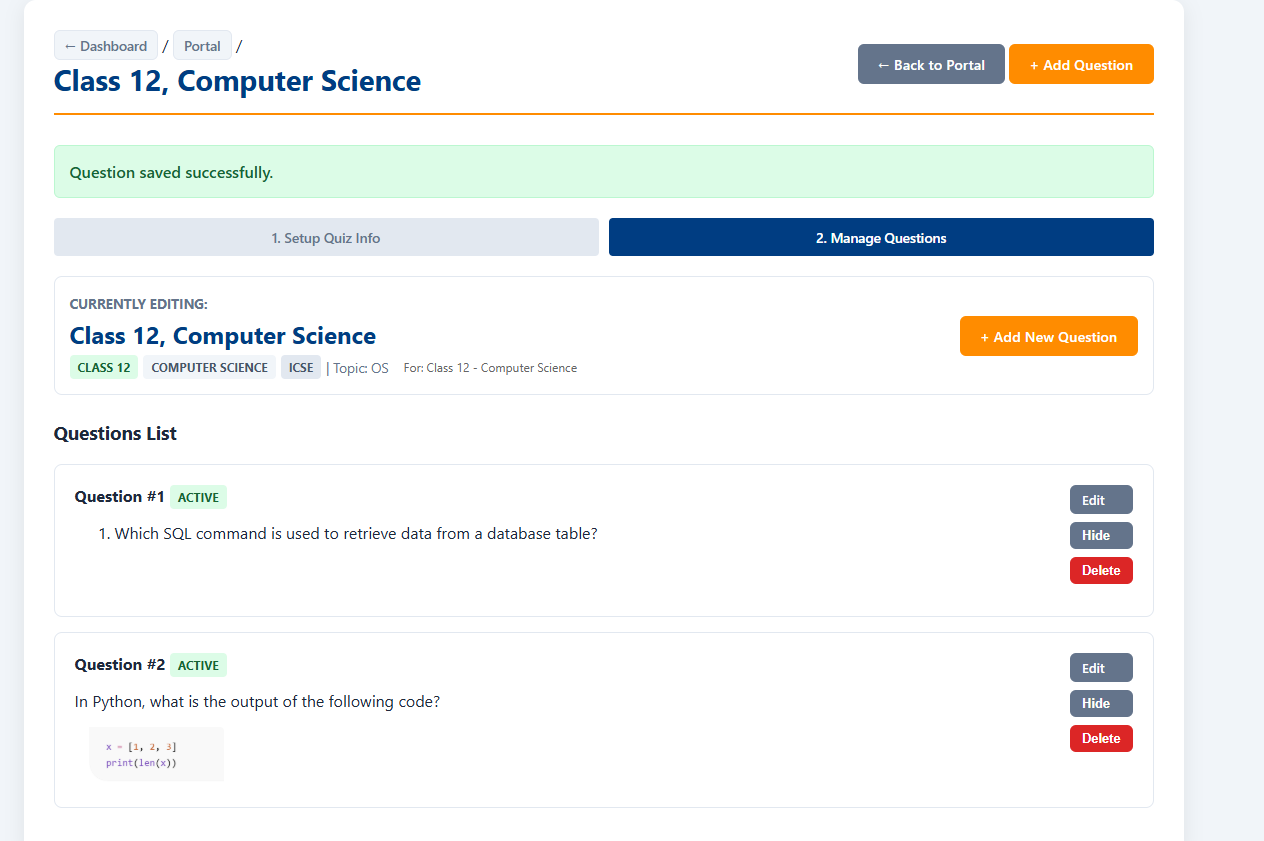 Question Management Interface - Edit, hide and manage questions for your assessments